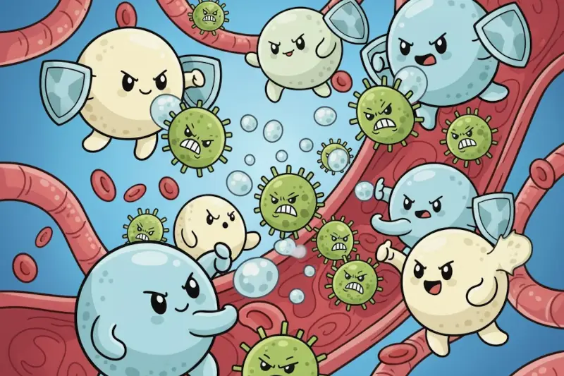 Cartoon image of white blood cells with shields battling with evil-looking germs
